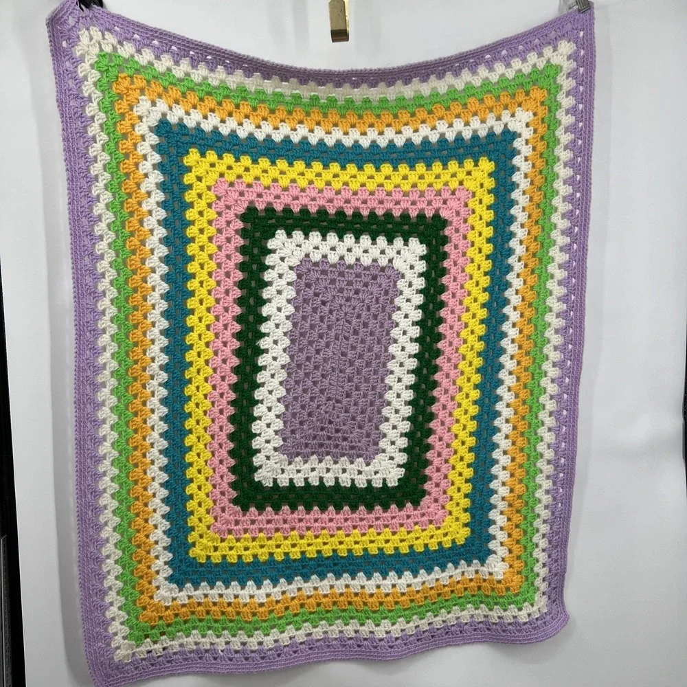Square Crochet Lap Blanket Small Throw Quilt Rainbow Multicolored 33